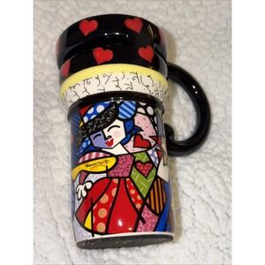 Romero Britto Giftcraft Pop Art Ceramic Travel Mug Hearts Couple Black Lid